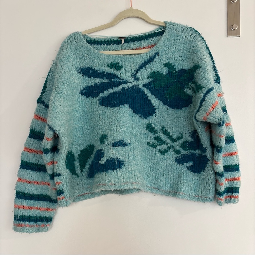 Free People Teal and Navy Floral Sweater - Picture 3 of 5
